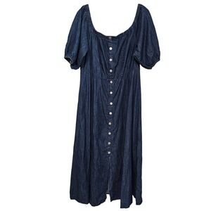 Eloquii 18 Denim Maxi Dress Blue Button Front Puff Sleeve Cottagecore Cowgirl